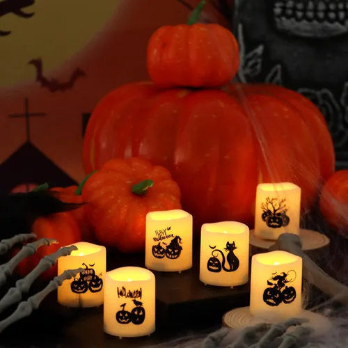Miniatura 4 de Velas votivas sin llama con temporizador, luces LED con temporizador automático de ciclo diario integrado, calcomanías de calabaza para decoraciones