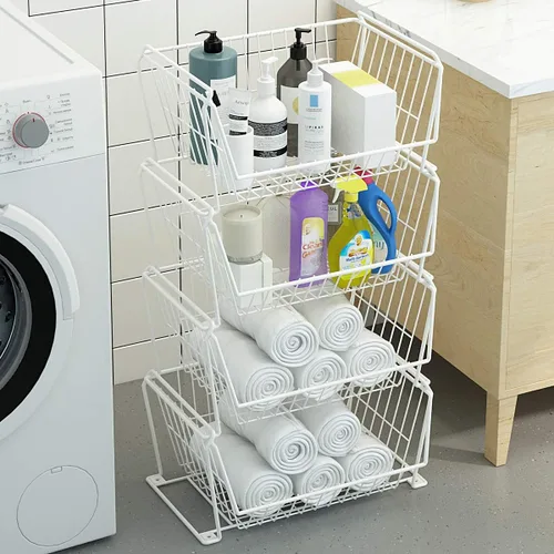 Miniatura 3 de PUSDON Cestas de almacenamiento de alambre apilables grandes de 4 niveles con ruedas, organizador de carrito utilitario con ruedas y ruedas