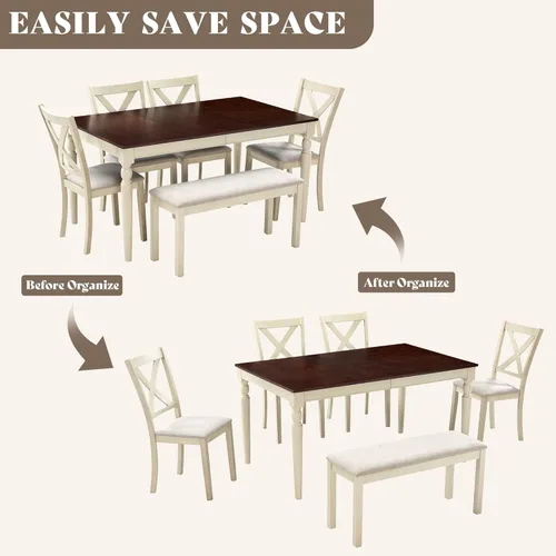 Miniatura 7 de LUXOAK Juego de mesa de comedor de madera maciza de 60 pulgadas para 6, mesa de cocina de granja con 4 sillas tapizadas y banco, 6 piezas de muebles