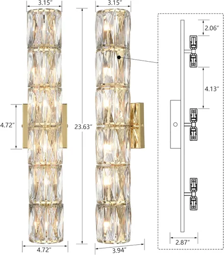 Miniatura 5 de SAMTEEN Aplique de pared de cristal de 23.6 pulgadas, apliques dorados, iluminación de pared moderna de mediados de siglo, 6 luces de montaje