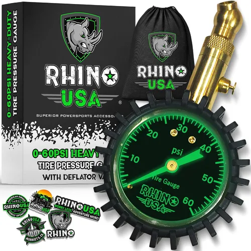 Rhino USA - Medidor de presión de neumáticos resistente (0-60 PSI) - Certificado ANSI B40.1 preciso, dial grande de 2.0 pulgadas de fácil lectura,