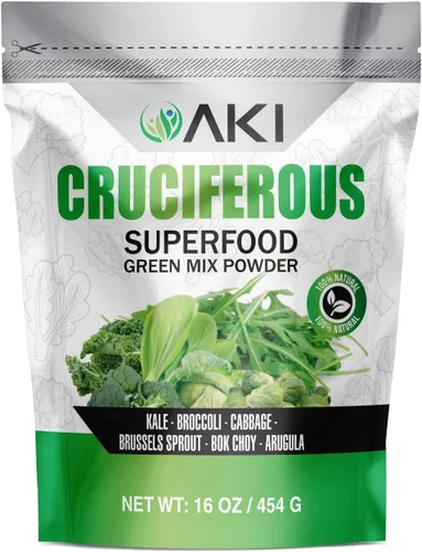AKI Cruciferous Superfood Green Mix Powder - Hecho de col rizada, brócoli, coles de Bruselas, repollo - Repleto de fitonutrientes y vitaminas