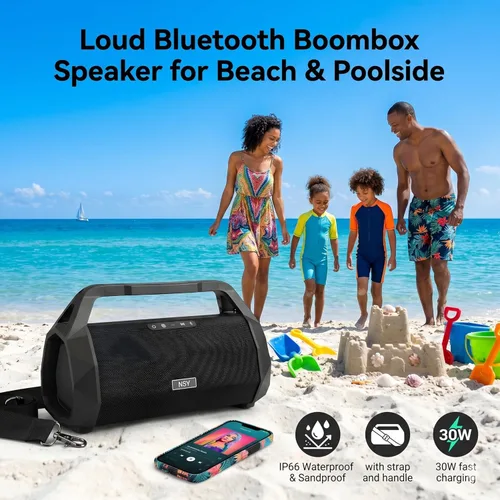 Miniatura 3 de Boombox para exteriores de 120 W, altavoz Bluetooth portátil impermeable con TWS, graves fuertes, correa y mango incorporados, tiempo