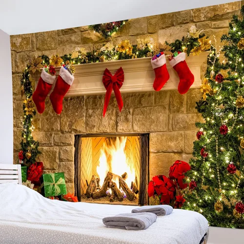 Miniatura 8 de HVEST Tapiz de Navidad para dormitorio, árbol de Navidad y calcetín de Navidad, chimenea, decoración de pared, tapiz grande para colgar en la pared