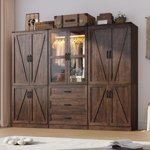 Miniatura 17 de Hlivelood Armario Ropero Estilo Granja de 75" de Alto con 2 Puertas con LED, Armario Independiente para Dormitorio con Barra para Colgar, Gabinete