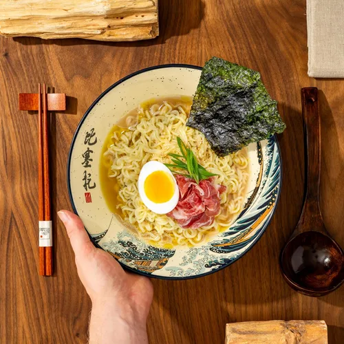 Miniatura 3 de BICETTO Juego de cuencos japoneses para ramen con gran diseño de ola, cuencos de cerámica grandes de 60 onzas, cucharas, palillos para ramen, Pho