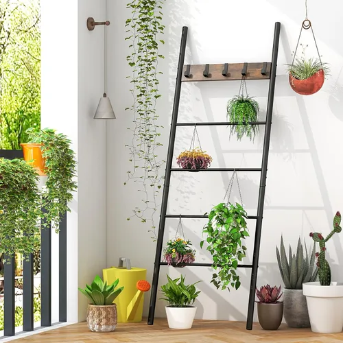 Miniatura 8 de Tangkula Escalera para mantas, estante de escalera de 5 niveles con 5 ganchos extraíbles, soporte decorativo para manta inclinado en la pared