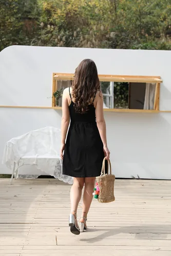 Miniatura 3 de STYLEWORD - Vestido informal de verano para mujer, diseño acampanado, con vuelo y floral, con cuello en V, tirantes delgados y bolsillos, unicolor