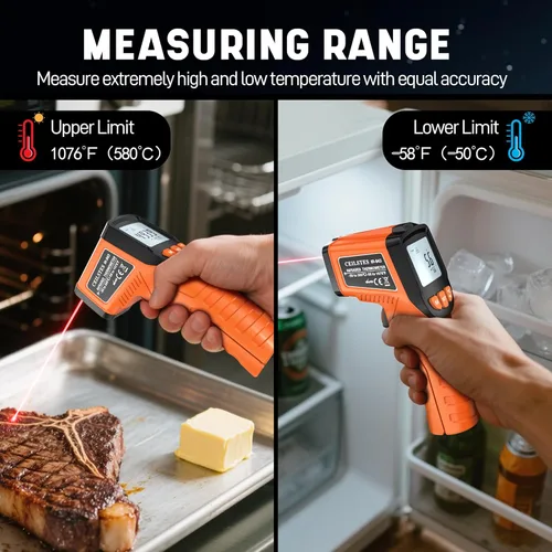 Miniatura 4 de Pistola termómetro infrarroja, pistola de temperatura infrarroja para cocinar, pistola de termómetro láser de -58 ℉ ~ 1076 ℉ con emisividad Naranja