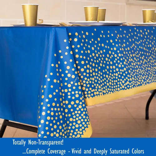 Miniatura 5 de Paquete de 2 manteles de plástico azul y dorado de alta calidad, gruesos, duraderos, reutilizables (54 x 108 pulgadas), manteles desechables de Azul