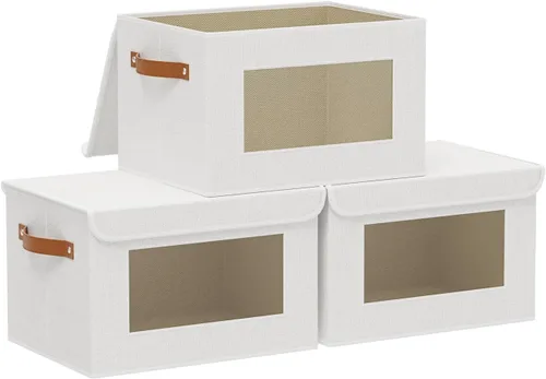 Miniatura 15 de Cesta de almacenamiento de tela con tapa, organizador decorativo de lino para armario, caja de almacenamiento de 15 x 9.8 x 9.8 pulgadas con asas