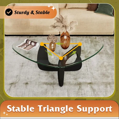 Miniatura 6 de WLIVE Mesa de café, mesa de café pequeña de vidrio con patas de madera maciza, mesas de sala de estar triangulares de 36" de mediados de siglo, mesa
