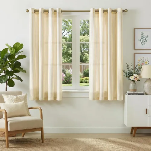 Miniatura 24 de JINCHAN Cortinas de lino para sala de estar o dormitorio, con estampado a rayas verde salvia sobre beige, rayas delgadas que filtran la luz