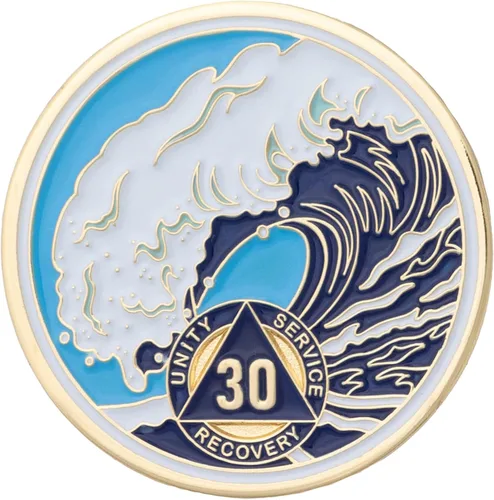 Miniatura 7 de Moneda AA de 1 año – Medallón de recuperación de ondas estrelladas de Sobriety Mint – azul/blanco/dorado