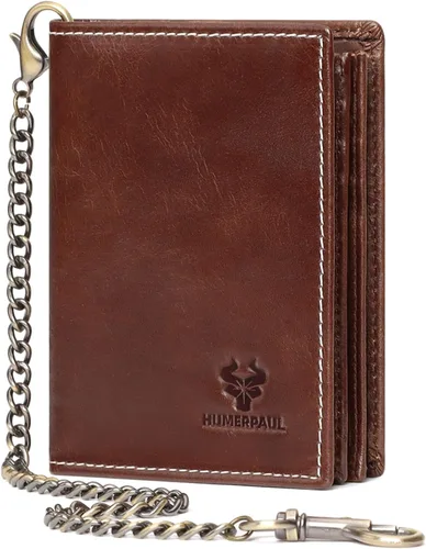 Soporte para AirTag - Cartera de piel auténtica para hombre, con bloqueo RFID, plegable, con cadena antirrobo, color marrón con caja de regalo,