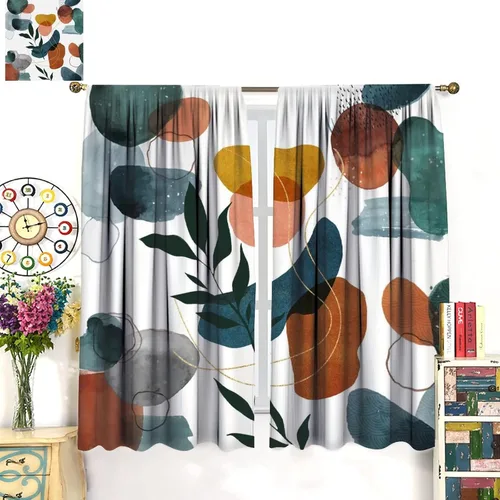 Miniatura 3 de Cortinas opacas de arte abstracto de mediados de siglo para dormitorio, cortinas modernas de estilo bohemio con hojas geométricas florales, cortinas
