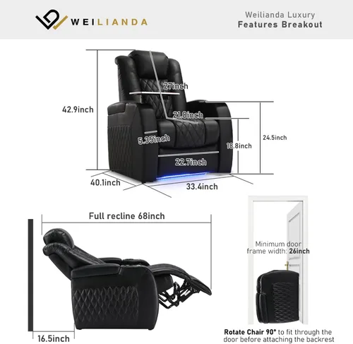 Miniatura 3 de Weilianda Asientos de Cine en Casa de Cuero de Grano Superior Silla Reclinable con Reposacabezas Eléctrico y Reclinación Asientos de Película Sofá