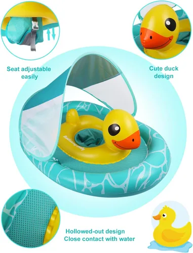 Miniatura 4 de Flotador doble para piscina para bebé con asiento de seguridad ajustable, toldo UPF 50+ extraíble solar, flotador inflable estilo animal, flotador
