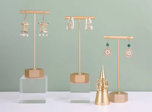 Miniatura 8 de GemeShou 3 piezas de metal dorado soporte en T para exhibición, organizador de aretes de barra en T, exhibición de fotografía de joyería