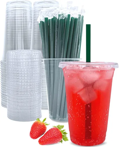 Vasos de plástico transparente de 20 onzas con tapas y pajitas, tazas de café desechables, 25 juegos