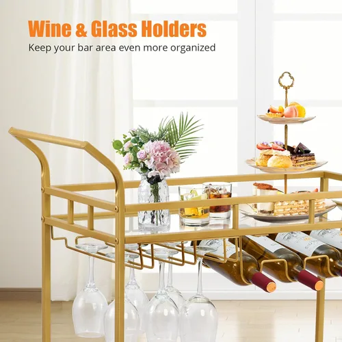 Miniatura 6 de GAOMON Carrito de bar grande dorado, carrito de servicio de bar en casa, carrito de vino con 2 estantes espejados, soportes para vino, soportes