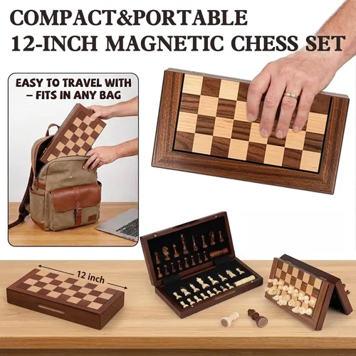 Miniatura 3 de Rinten Juego de ajedrez magnético de madera de 12 a 7 pulgadas, juego de tablero de ajedrez plegable portátil de viaje, juego de estrategia
