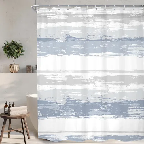 Miniatura 13 de KOMLLEX Cortina de ducha abstracta azul para decoración de baño, 72 pulgadas de ancho x 72 pulgadas de alto, moderna, a rayas blancas y grises