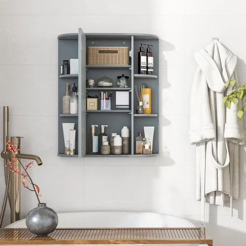 Miniatura 4 de Tangkula Botiquín de baño, armario de almacenamiento montado en la pared con puerta de espejo, extraíble y 3 estantes ajustables, armario de espejo