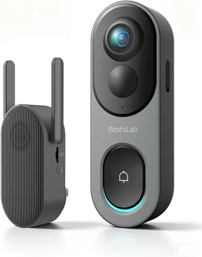 BOTSLAB Cámara de timbre de video inalámbrico de 5 MP, vista de 180° de la cabeza a los pies, detección de movimiento AI, modo VR, funciona con