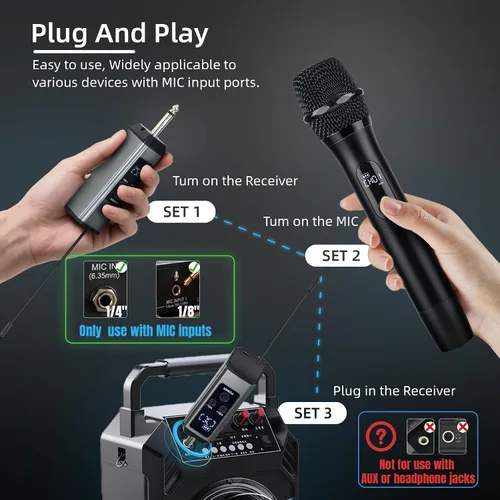 Miniatura 2 de Micrófonos inalámbricos para cantar karaoke, sistema de micrófono inalámbrico dual de metal de largo alcance de 500 pies/492.1 ft con 99 canales