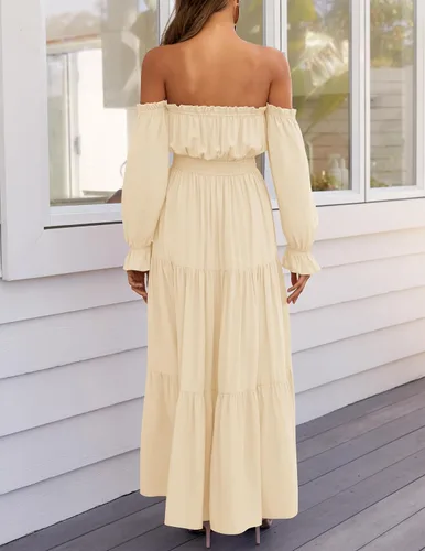 Miniatura 59 de ZESICA - Vestido largo, bohemio y sexy, con hombros descubiertos y manga larga fruncida, con elástico fruncido, cintura alta y abertura lateral