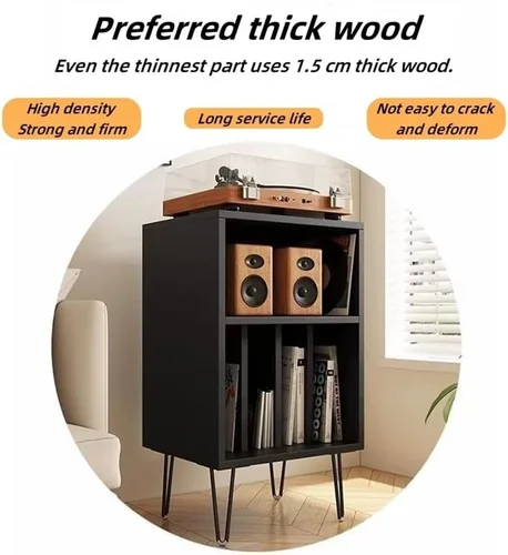 Miniatura 3 de Soporte para tocadiscos de madera, mesa de tocadiscos de gran capacidad, gabinete de almacenamiento abierto para medios, adecuado para sala