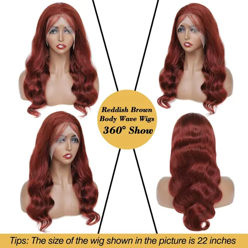 Miniatura 7 de CLong - Peluca de cabello humano ondulado en tono castaño rojizo 33B, malla frontal, prearrancada, densidad del 200%, 71 centímetros de largo, 13x4