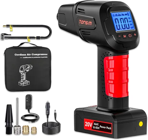 Tonsim Inflador de neumáticos inalámbrico de 20 V, compresor de aire portátil con batería recargable, adaptador de 12 V CC, manómetro digital y luz