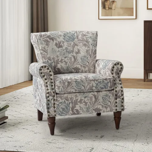 Miniatura 25 de HULALA HOME Silla moderna con respaldo de alas con patas de madera y cojín extraíble, cómodo sillón tapizado con ribete de cabeza de clavo, sofá