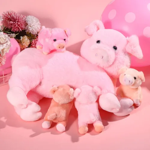 Miniatura 5 de Honoson - Cerdo de peluche con bebés, lindo cerdo mamá de enfermería de peluche con 4 juguetes magnéticos de peluche para niños, niños y niñas