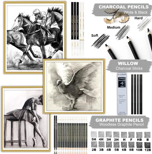Miniatura 4 de KALOUR Paquete de 54 lápices de dibujo de bocetos con cuaderno de bocetos, incluye grafito, lápices de carbón y herramientas de artistas