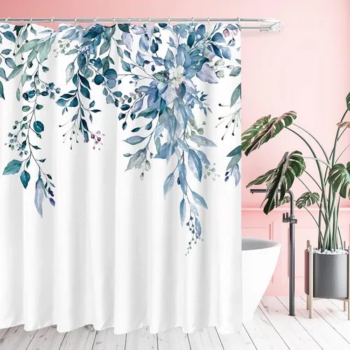 Miniatura 102 de Tititex Spun Sugar - Juego de cortinas de ducha de eucalipto azul claro, hojas de acuarela brillantes en la parte superior, decoración floral
