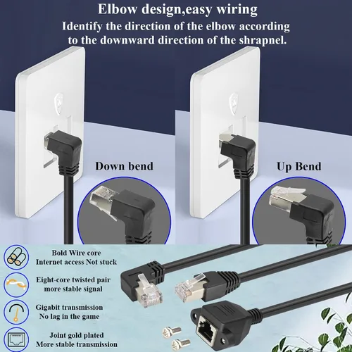 Miniatura 7 de Cable de extensión de red LAN RJ45 en ángulo descendente de 90° Cat6 RJ45 de 90 grados macho a hembra blindado para red Ethernet Cable de extensión