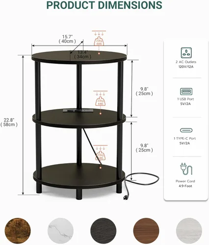 Miniatura 2 de Mesa auxiliar redonda pequeña, mesa decorativa ovalada de 3 niveles para espacios pequeños, mesita de noche de madera rústica y metal para sala