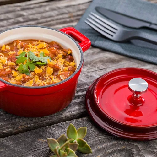 Miniatura 3 de Restaurantware Mini cacerola de 8 onzas, 1 mini horno holandés con tapa, esmaltado redondo de hierro fundido rojo, mini cocotte resistente