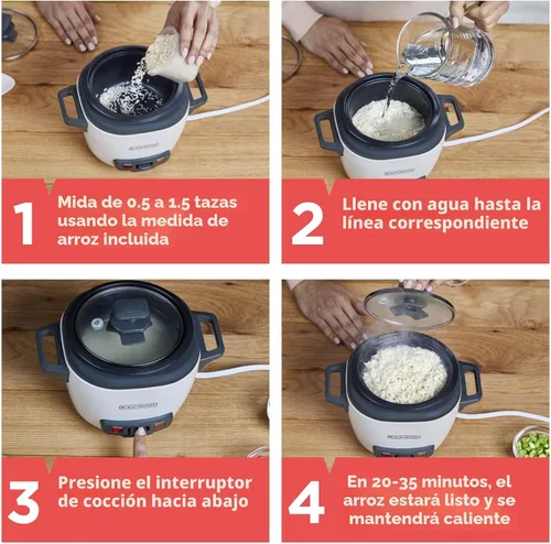 Miniatura 5 de BLACK+DECKER Olla arrocera de 3 tazas, RC503, 1.5 tazas de arroz crudo, cesta de cocción al vapor, recipiente antiadherente extraíble, un toque