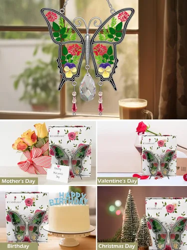 Miniatura 6 de KY&BOSAM Atrapasoles de cristal con diseño de mariposa para colgar ventanas, chaim de viento con flor preservada y dije de corazón de metal, regalo