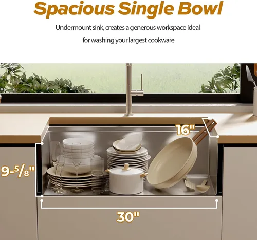 Miniatura 4 de Fregadero de cocina de 32 pulgadas para montar bajo encimera, acero inoxidable calibre 18, lavabo profundo grande con rejilla y colador