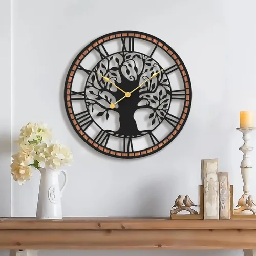 Micasso Relojes de pared con pilas para árbol de la vida de granja de 15 pulgadas con marco de madera, reloj rústico de números romanos para sala de