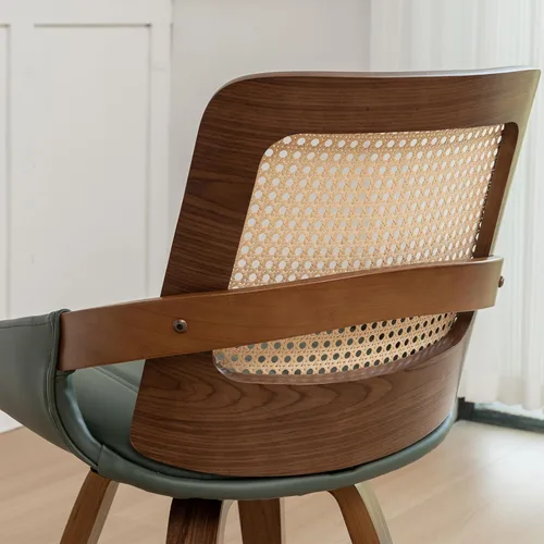 Miniatura 8 de Juego de 2 sillas de comedor de ratán verde, sillas de comedor modernas de mediados de siglo con marco de madera curvada de nogal, respaldo Nogal