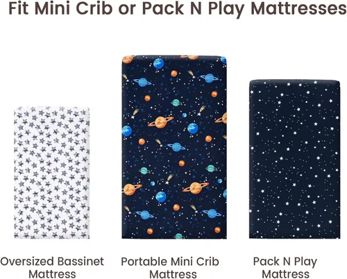 Miniatura 6 de PHF Paquete de 3 sábanas suaves para minicuna, sábanas sedosas espaciales Pack N Play para bebés, niños y niñas neutrales, ajuste universal