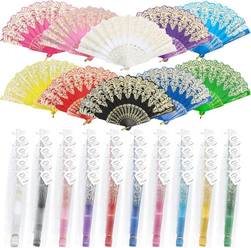Miniatura 10 de EOSAU Abanicos plegables chinos de mano para mujeres, plegables a granel para fiestas, bodas, iglesias, bailes (10 colores mezclados)
