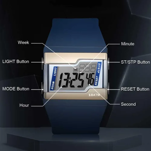 Miniatura 7 de Reloj deportivo digital de 10 ATM, 330 pies, impermeable, para nadar y bucear con luz de fondo, cronómetro, reloj despertador y calendario, Azul