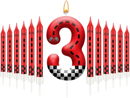 Miniatura 31 de 13 piezas de velas temáticas de coches de carreras para cumpleaños en negro y blanco con número de carrera 1 a cuadros, velas para tarta de coche